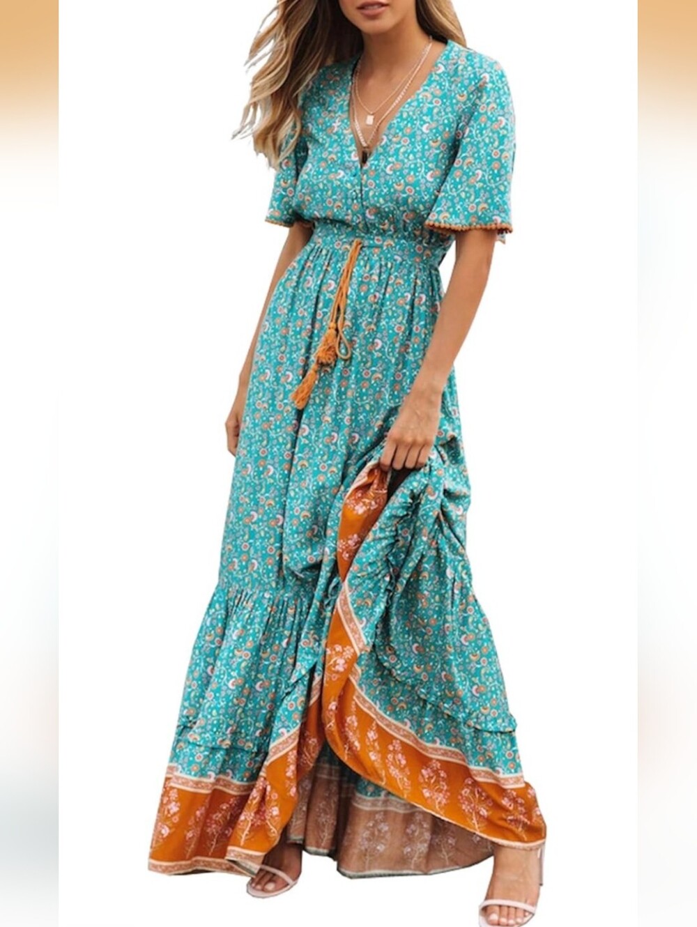R.Vivimos Boho Floral Teal Orange Tiered Maxi Dress Cottagecore Fairycore Gypsy